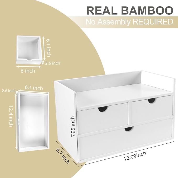 Charmewooden Bamboo Desk Organizer with 3 Drawers, Countertop Organizer with Drawers Makeup Storage Drawer 3 Drawer Tabletop Storage Organization Box Home Office Workspace（White）