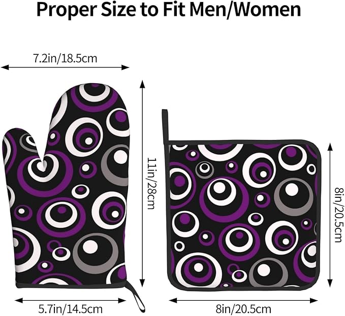 Purple Black White Retro Circular Oven Mitts & Pot Holders Sets of 3, Heat Resistant Modern Abstract Art Oven Gloves and Hot Pad for Home Cooking Baking Grilling, Baking Gifts for Women, Kitchen Decor