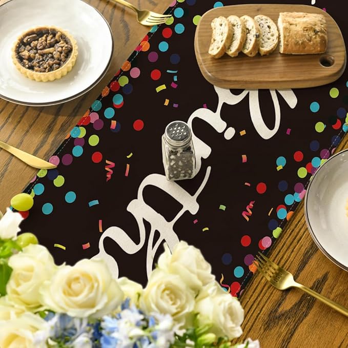 Artoid Mode Polka Dot Black Happy Birthday Table Runner, Seasonal Halloween Kitchen Dining Table Decoration for Home Party Decor 13x36 Inch