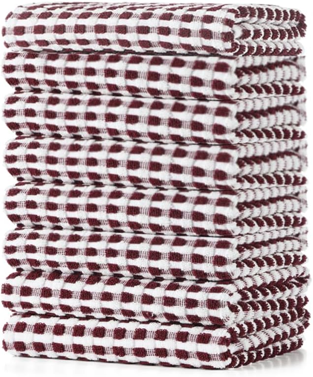 SALAS Cotton Dish Towels Cloths for Kitchen Drying Dishes, Lattice Terry Towels, Absorbent Kitchen Cloths with Hanging Loop, 16‘’ x 26‘’, 8 Packs, Wine Red