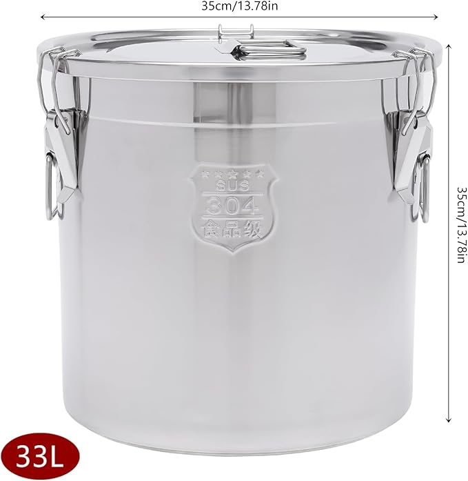 33L/8.72gal Stainless Steel Airtight Canister, Food Storage Canisters with Airtight Lid&Locking Clamp, Rice Cereal Grain Canisters Container, Storager Bucket for Flour, Coffee Bean, Sugar, Cookie