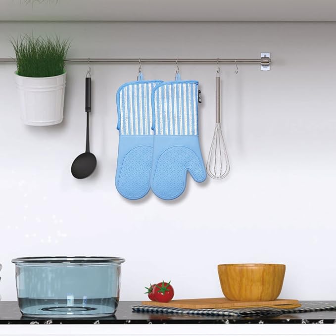 Alselo Silicone Oven Mitts Heat Resistant 932℉ with Waterproof & Non-Slip Kitchen Mittens, Set of 2 Extra Long Oven Gloves with Soft Cotton Terry Lining for Baking Cooking Barbecue (2, Blue Mitts)