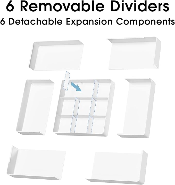 MIUOPUR Expandable Drawer Organizer, Width (10.6"-20.1") Depth (11"-20.1"), Plastic Makeup Drawer Organizer with 6 Removable Dividers, Silverware Organizer, Great for kitchen and Bathroom Drawers
