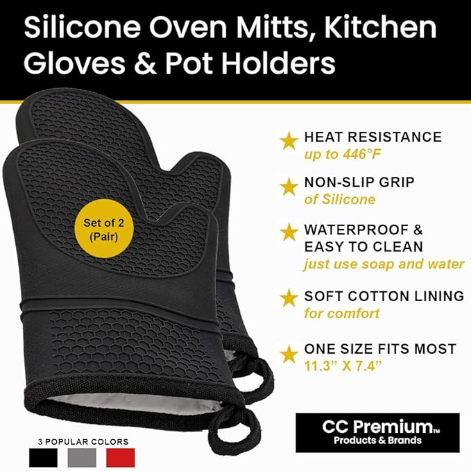 Generic Silicone Oven Mitts, Non-Slip, Flexible, Durable, Easy Clean, Cotton Lined, Black (Pair of 2)