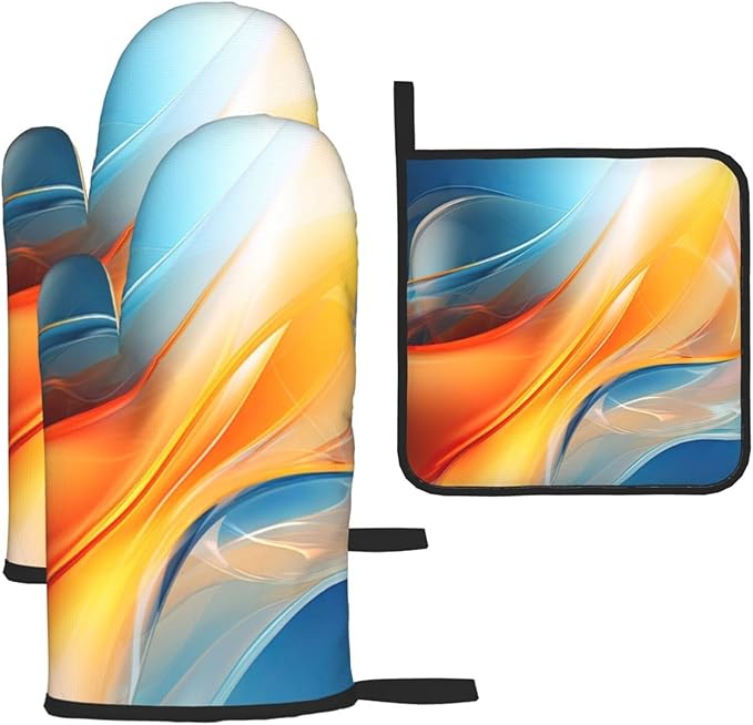 Burnt Orange Blue Abstract Fluid Oven Mitts and Pot Holders Sets of 3, Heat Resistant Non-Slip Boho Modern Kitchen Gloves Gift for Cooking Lover, Stylish Kitchen Decor for Baking BBQ Cooking Grilling