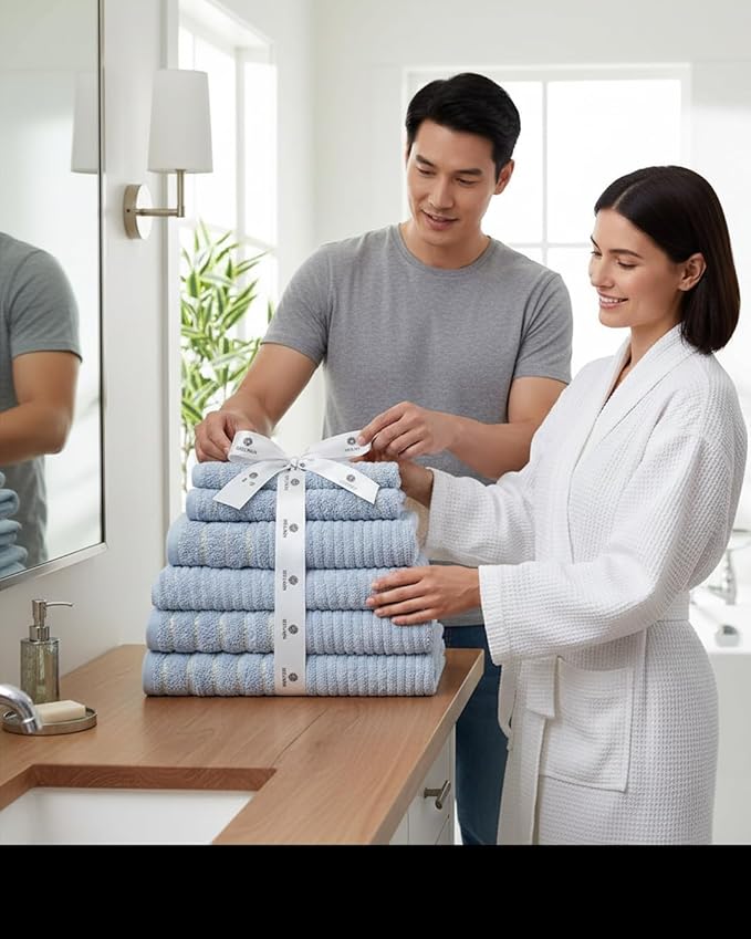 BIOLINEN Sky 6-Piece Luxury Cotton Towel Set - 2 Bath Towels, 2 Hand Towels, 2 Washcloths - Soft Absorbent Towel Pack for Bathroom, Home, Gym & Travel