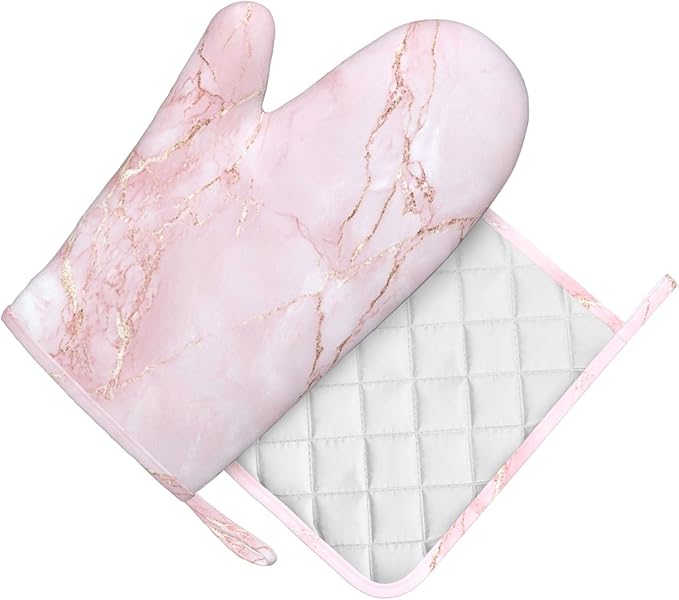 Oven Mitts and Pot Holders Light Pink Marble Art Silicone Kitchen Accessories Set of 2 Heat Resistant Long Gloves Potholder Non-Slip Grip for Chef Cooking,Baking,Grilling,BBQ