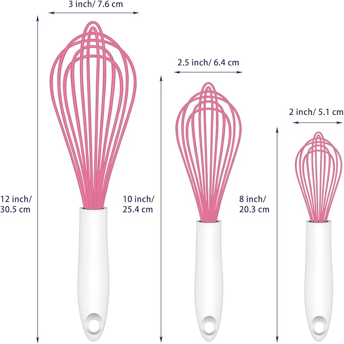 OYV Pink Silicone Whisk, Sealed Waterproof Design Set of 3, Professional Kitchen Whisks for Cooking Non-Scratch, Silicone&Stainless Steel Whisk, Heat Resistant 480°F Rubber wisk, BPA free