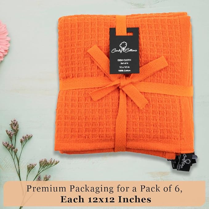 Dish Towels|Kitchen Dish Cloths Two-Sided Waffle Terry|12x12 Inches 100% Cotton Dish Rags Washing Dishes|Super Absorbent Reusable Quick Drying Dish Towels|Spring Easter Basket Decor| 6-Pc Set-Orange
