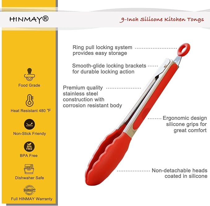 HINMAY 9" Silicone Kitchen Tongs with Silicon tips, Set of 3 (Red Blue Green)