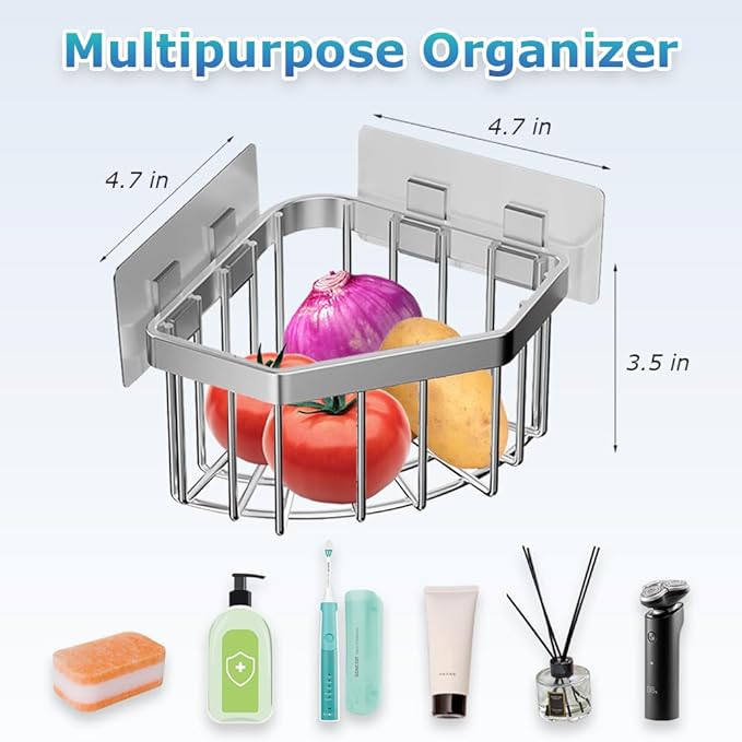 Anjing Kitchen Sink Caddy Corner Sponge Holder Organizer, Stainless Steel Adhesive with 4 Hooks