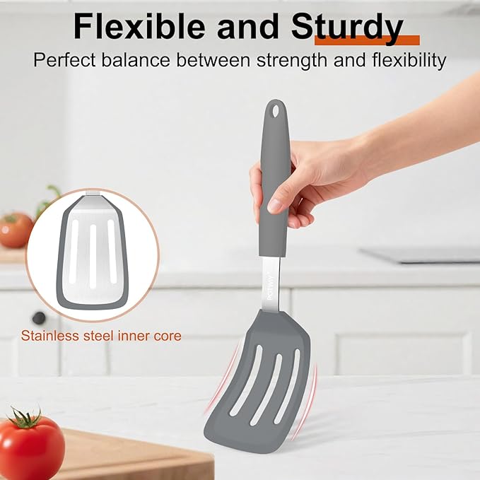 2 Pack Silicone Spatula Set, 600°F Heat Resistant Kitchen Spatula, BPA Free Solid & Slotted Turner, Flexible Cooking Utensils for Non Stick Frying Pan, Flipper for Eggs and Pancakes (Gray)