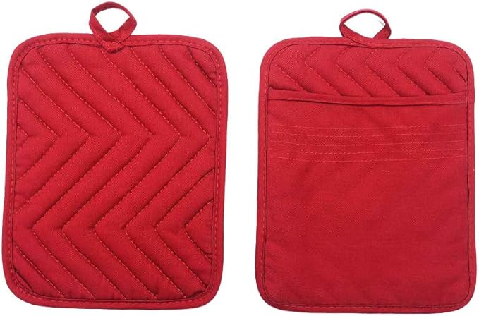 Anyi Pot Holders for Kitchen Heat Resistant, Cotton Hot Pads for Counter Table, Red Kitchen Pot Holders with Pocket