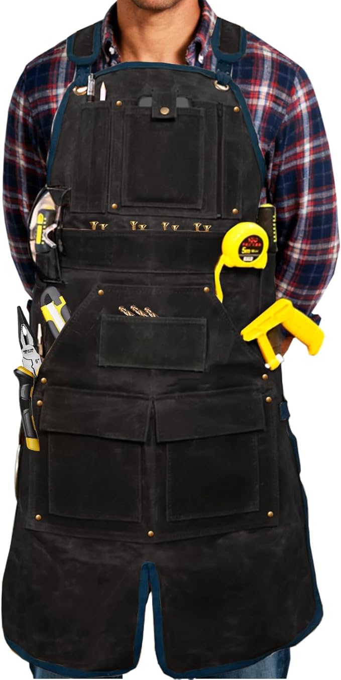 20-Pocket Heavy-Duty Waxed Canvas Work Apron – Fully Adjustable, Vintage Style Tool Organizer