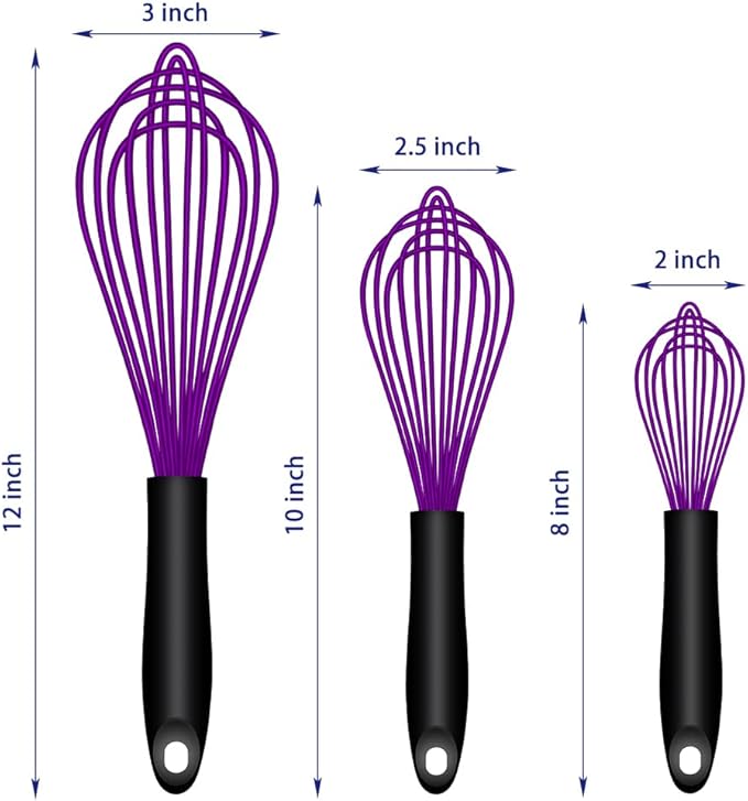 OYV Dishwasher Safe Purple Silicone Whisk, Sealed Waterproof Design Set of 3, Professional Kitchen Whisks for Cooking Non-Scratch, Silicone & Stainless Steel Whisk, Heat Resistant Balloon Egg Beater