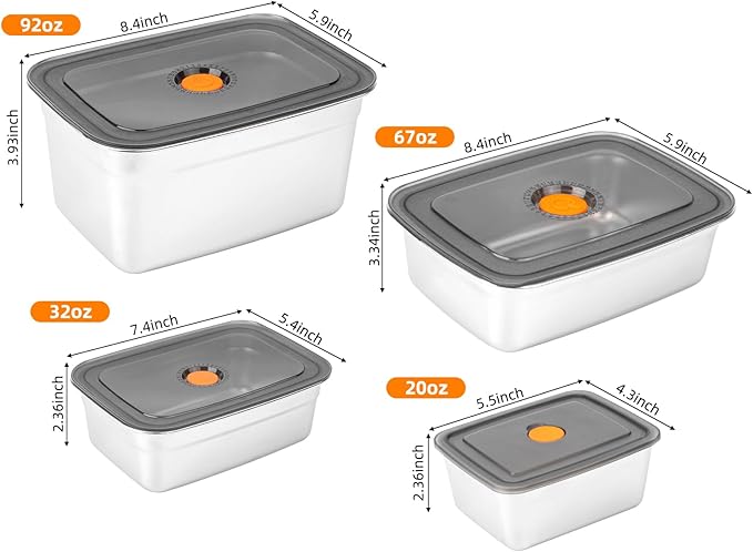 Stainless Steel Food Storage Containers With Lids Leak Proof & Airtight | Stainless steel freezer Containers,For Meal Prep,Fruit,Freezer -Set of 4 (20oz, 33oz, 66oz,94oz)