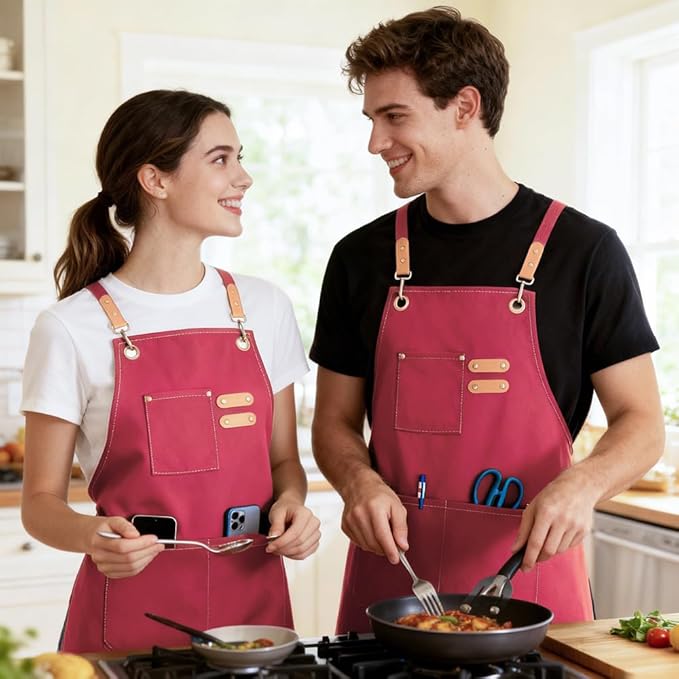 Chef Apron for Women Men with Pockets, Cotton Canvas Cross Back Adjustable Gardening Apron