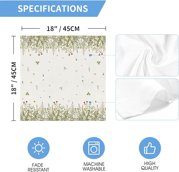 Horaldaily Spring Summer Cloth Napkins 18 x 18 Inch, Wild Flowers Floral Party Dinner Decoration Washable Napkins Set of 12