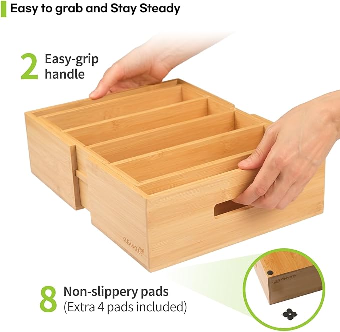 CLEANCLUE Expandable Kitchen Cabinet Organizer for Food Storage Container Lids, Bamboo Drawer Caddy Adjustable Dividers, Box for Kitchen Storage and Organization, Lids Organizer for Cabinet (Natural)