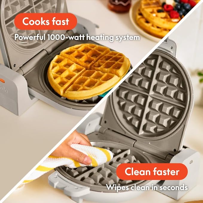 bella Flip-n-StoreWaffle Maker with EverGood™Ceramic Nonstick Coating,Fits-anywhere™Kitchenware,Power Indicator Light,Cool Touch Handle&Cord Wrap,7” Wide & 1" Deep Plates,1000 Watt,Oatmilk,(Pack of 2)