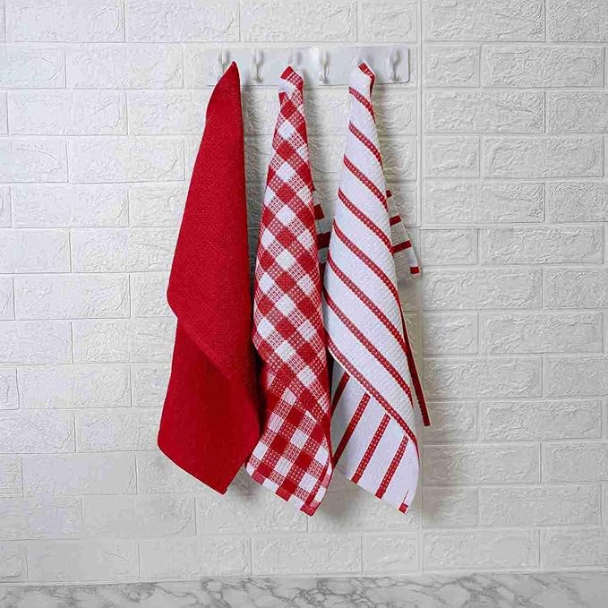 Blue Needles Waffle Weave Kitchen Towels, 15x25 Inches 100% Cotton Set of 6 Dish Cloths for Kitchen, Ultra Soft & Absorbent with Hanging Loop, Dish Rags for Quick Drying, Assorted - Burgundy