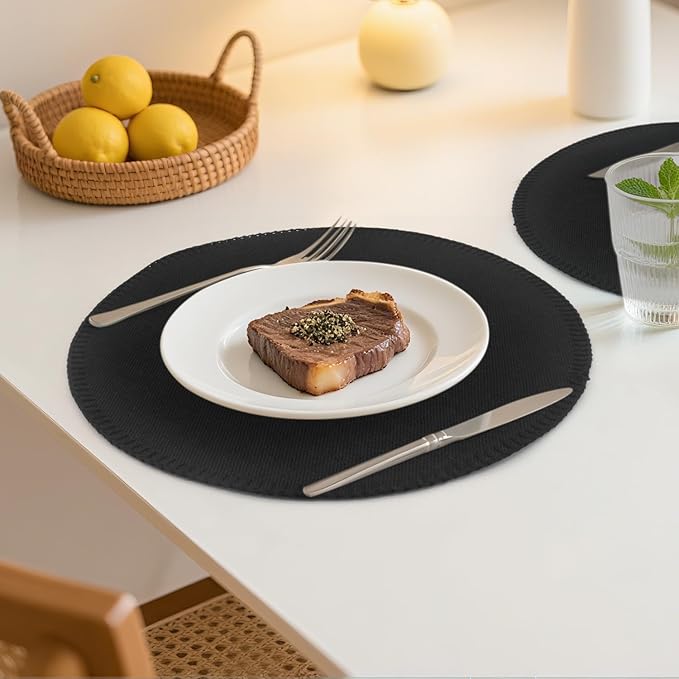 Round Placemats Set of 6, 15 Inch Linen Fabric Table Placemats, Heat Resistant, Wrinkle Free Washable Placemats Kitchen Place Mats Set of 6 for Dining Table Party Table (Black, 6)