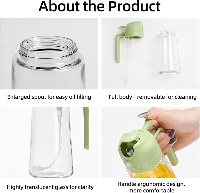 Aovdy Oil Sprayer for Cooking 16oz,2 in 1 Olive Oil Dispenser and Oil Sprayer - 470ml Olive Bottle Spray and Pour - Glass Oil Dispenser for Kitchen Cooking Salad BBQ (2PCS-Black & Green)