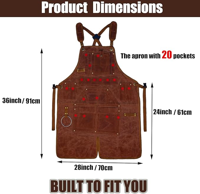 20-Pocket Heavy-Duty Waxed Canvas Work Apron – Fully Adjustable, Vintage Style Tool Organizer