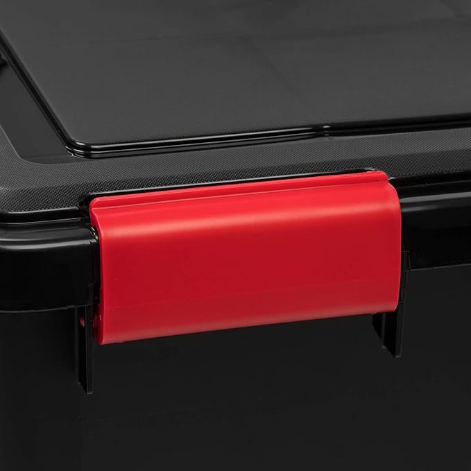 IRIS USA WeatherPro 31 Qt Storage Bins with Lids, 4 Pack, BPA-Free Plastic Gasket Box with Tight Latch and Seal, Stackable Nestable Tote Tub - Black/Red