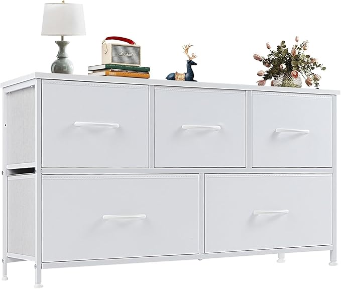 OLIXIS Dresser for Bedroom with 5 Drawers, Wide Chest of Drawers, Fabric Bedroom Dresser with Drawer Organizers, Storage Organizer Unit with Fabric Bins for Closet, Living Room, Hallway, Classic White