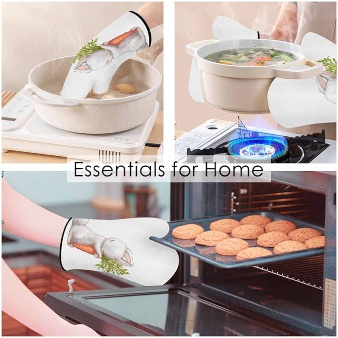 Cute Rabbit Oven Mitts and Pot Holders Sets Sleeping Hare with Carrot Heat Resistant 3pcs for Cooking Baking BBQ