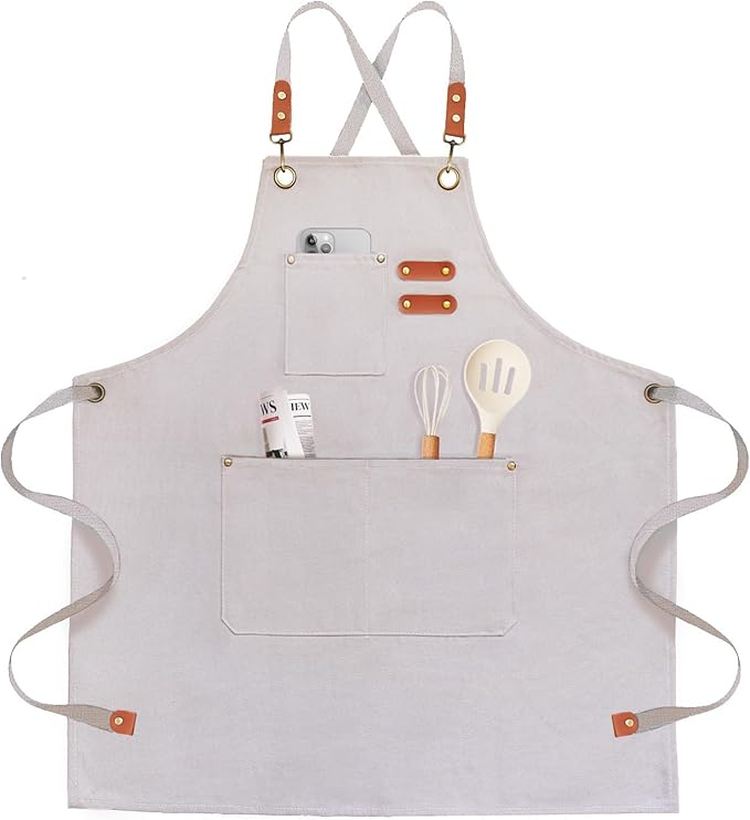 OUNLEN Chef Apron for Men Women Canvas Aprons with 3 Pockets Cross Back Resistant Work Apron for Cooking