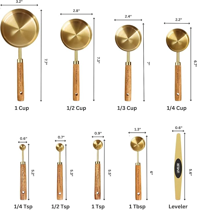 NAZANIN Gold Measuring Cups and Spoons Set with Leveler - 9 Piece Luxury Acacia Wood & Stainless Steel - Aesthetic Kitchen Decor - Professional Baking Tools - Wedding & Housewarming Gift