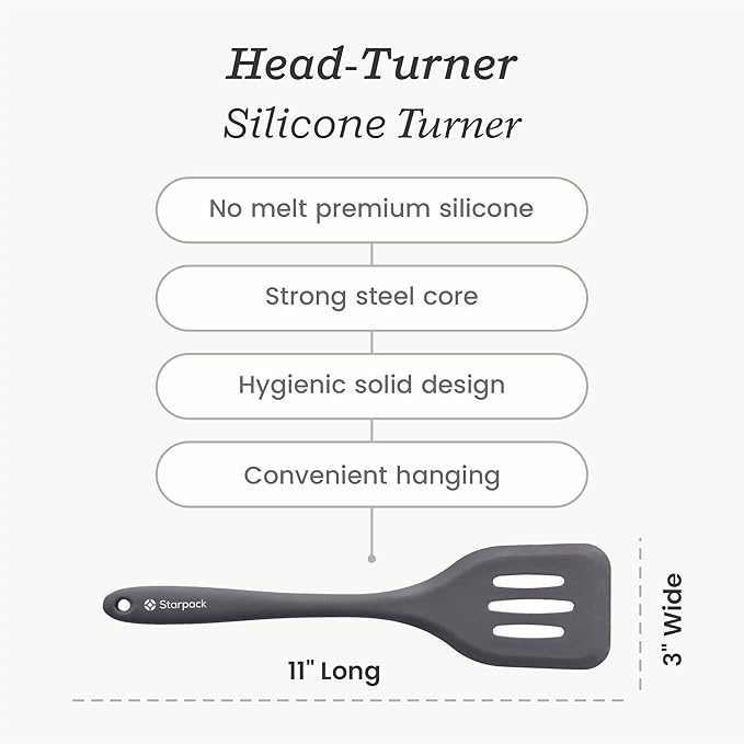 Starpack 'Head Turner' Premium Silicone Turner Spatula - High Heat Resistant to 600F, LFGB Grade Non Stick Rubber Slotted Spatula - 10"