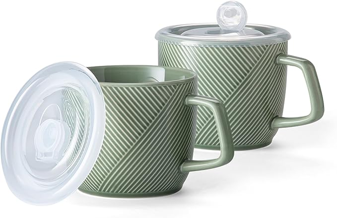 Ceramic Soup Bowls with Lid & Handle: 32 oz Microwave Safe Food Containers for Ramen Noodles Cereal Leftovers - Extra Large Mugs for Breakfast Lunch Picnic Camping - Green, Set of 2