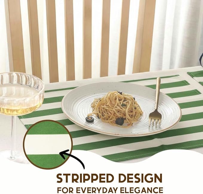 Folkulture Placemats Set of 4 (13 x 18) | 100% Cotton, Heat Resistant, Machine Washable Striped Place Mats | Green & White Rectangular Cloth Table Placemats for Dinner, House Warming Gifts New Home