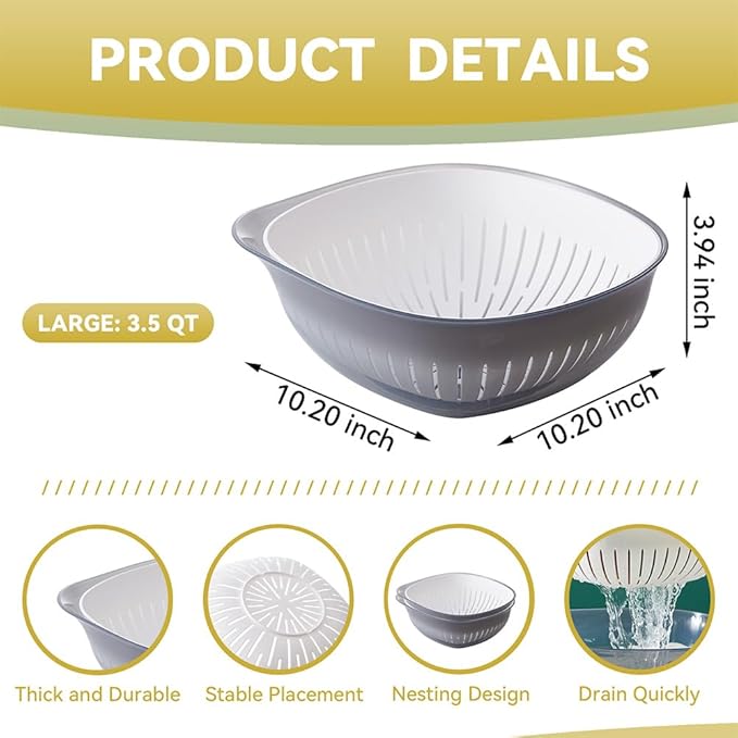 Colander Bowl Set of 2, Nesting Large Capacity Plastic Food Strainer for Pasta, Vegetables and Fruits Washing Draining Basket, Space Saving, BPA Free