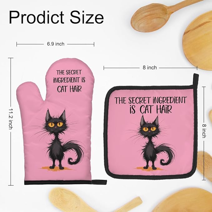DYJYBMY The Secret Ingredient Is Cat Hair Pink Oven Mitts and Pot Holder Set, Cute Cat Kitchen Gadgets for Women Cat Lover, Housewarming Gifts for Cat Mom Hostess, Baking Gifts for Mom Aunt Sister BFF