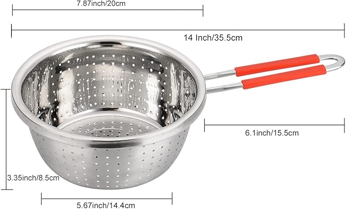 Stainless Steel Perforated Metal Colander Strainer with Long Red Handle Sieve Sifters Use for Kitchen Food Pasta Noodles Spaghetti Vegetables Silver - 7.9inch