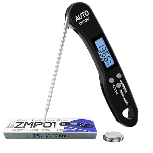 Instant Read Meat Thermometer, 1.2s Fast Read, ±1°F Accuracy, -58°F to 572°F, 4.4" Foldable Probe, 0 °C Calibration, Min/Max (Session), Auto-Rotating Backlit Display, °F/°C, Magnetic Back, Auto-Off