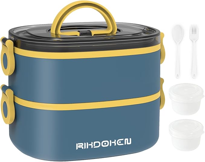 RIKDOKEN Lunch Box, Stackable 2 Layers Containers, Portable 64OZ Large Capacity Leakproof Bento Box with Spoon & Fork & Sauce Boxes, Microwave Safe Lunch Box for Kids and Adults
