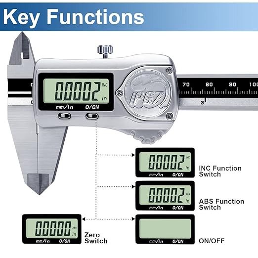 Kynup Caliper Measuring Tool IP67 Waterproof, Digital Caliper Outside Micrometer, 6 Inch Caliper DIY Tool, Extreme Accuracy, Stainless Steel Design, Auto Power Off, Switch from Inch Metric