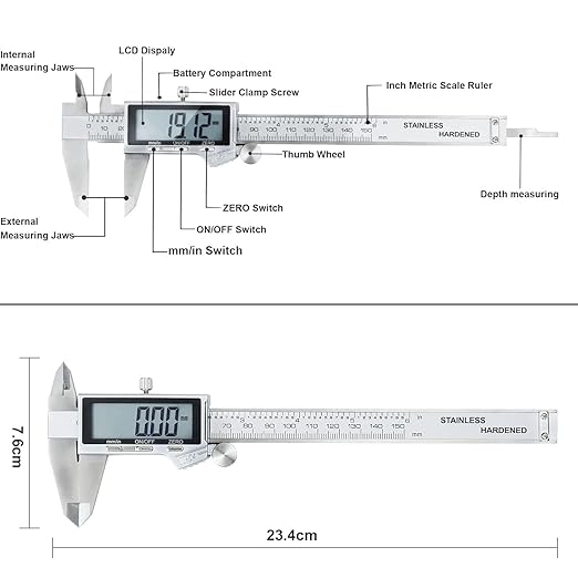 Electronic Digital Vernier Caliper, LOUISWARE Stainless Steel Caliper 150mm/0-6 inch Measuring Tools with Extra-Large LCD Screen, inch/Metric Conversion
