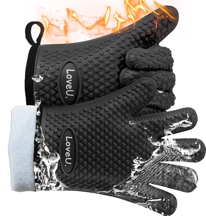 Kitchen Oven Gloves - Dual-Layer Heat Resistant Grilling Gloves, Silicone Oven Mitts with 5 Fingers, Waterproof Non-Slip Pot Holder for Barbecue, Cooking, Baking (Small, Black)