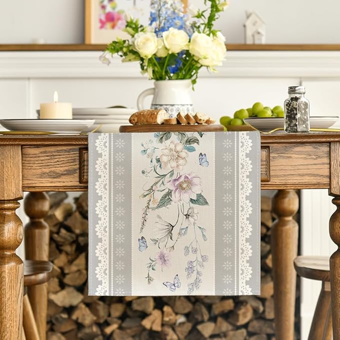 Artoid Mode Printed Lace Floral 210 GSM Spring Table Runner, Seasonal Summer Kitchen Dining Table Decoration for Home Party Decor 13x72 Inch