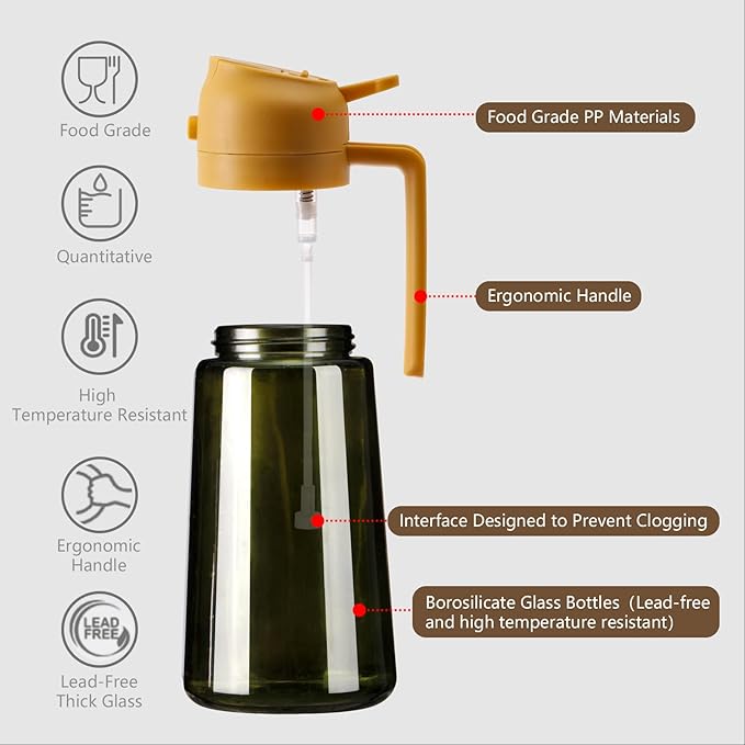 SWEET VIEW Olive Oil Dispenser and Oil Sprayer – 16oz/470ml Glass Light-Proof Oil Pourer for Kitchen, Air Fryer, Cooking, Salad, and BBQ