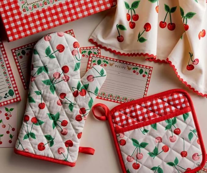 RIFLE PAPER CO. Pot Holder, Digitally Printed Cherry Pattern with Contrast Piping, Quilted Diamond Construction, Corner Loop for Hanging, Hand Slot, 8" W x 8" L