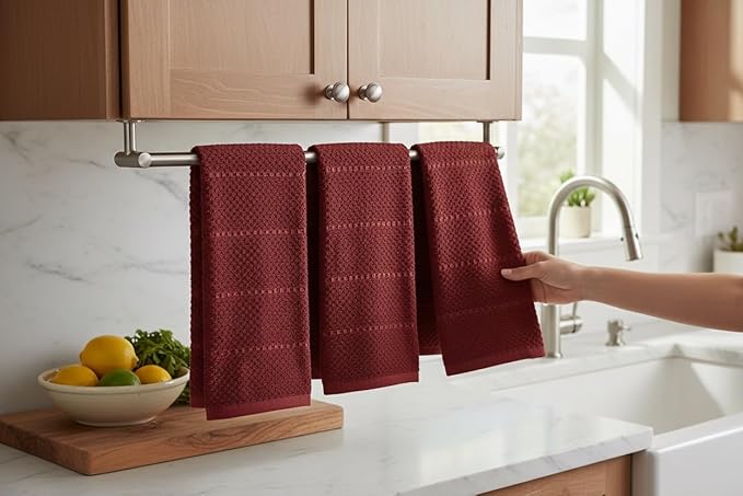 Maroon Dark Red Brick Red Kitchen Hand Dish Towels: Oversized 28" x 18",100% Cotton Cloth Soft Cleaning Drying Absorbent Textured Design, Set of 3 Multipurpose for Everyday Use (Brick Red)
