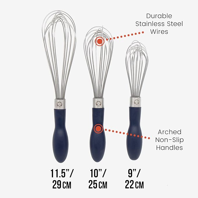 Chef Pomodoro 3-Piece Kitchen Whisk Set, Stainless Steel Whisks for Cooking, Wisk Kitchen Tool, Thick Wire Whisk Set, Wisking Tool for Cooking, Blending, Whisking, Beating and Stirring