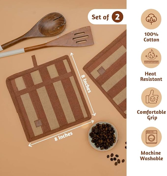 Folkulture Pot Holders for Kitchen | Pack of 2 (8x8) Ribbed Soft Silicone Hot Pads for Kitchen | 100% Cotton Cute Oven Pot Holders Set | Heat Resistant | Machine Washable | Non Slip | Caramel